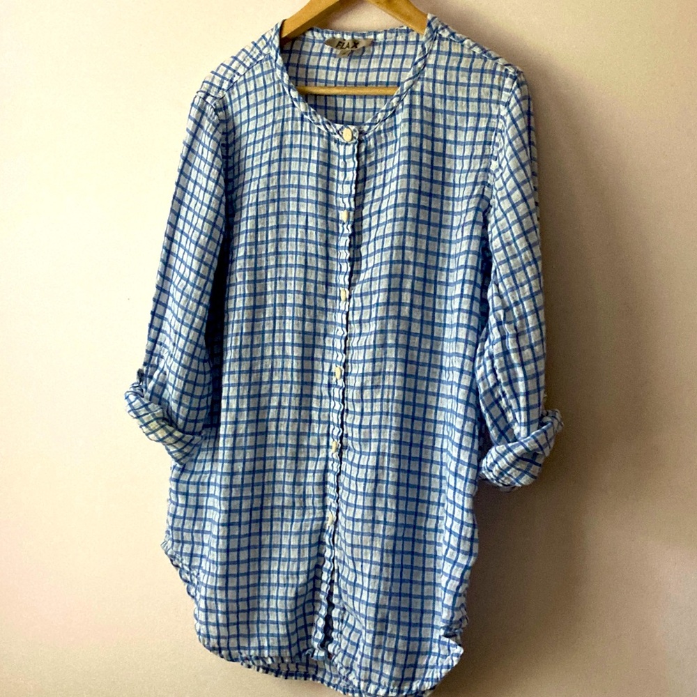 Flax 100% Linen Button Up Tunic Top Womens Small Roll Tab Sleeve Lagenlook Beach - Picture 3 of 6